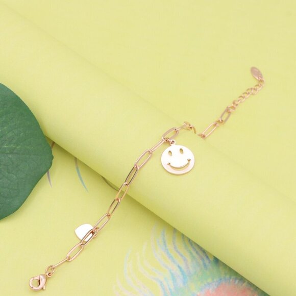 "Rose Gold Smiley Charm Bracelet with Heart Dangles, XPBL1149 - Picture 4 of 12